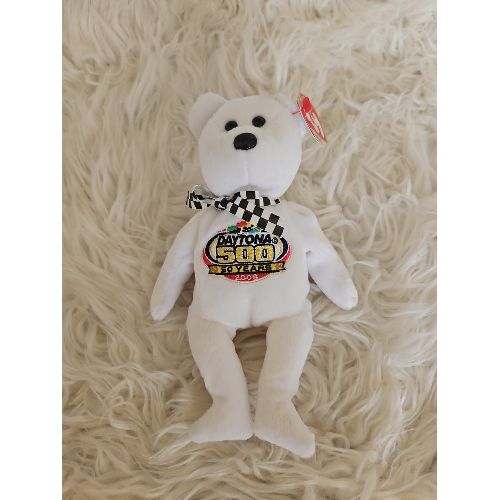 TY Beanie Baby Racing Gold NASCAR Daytona 500 Celebrating 50 Years 2008 White